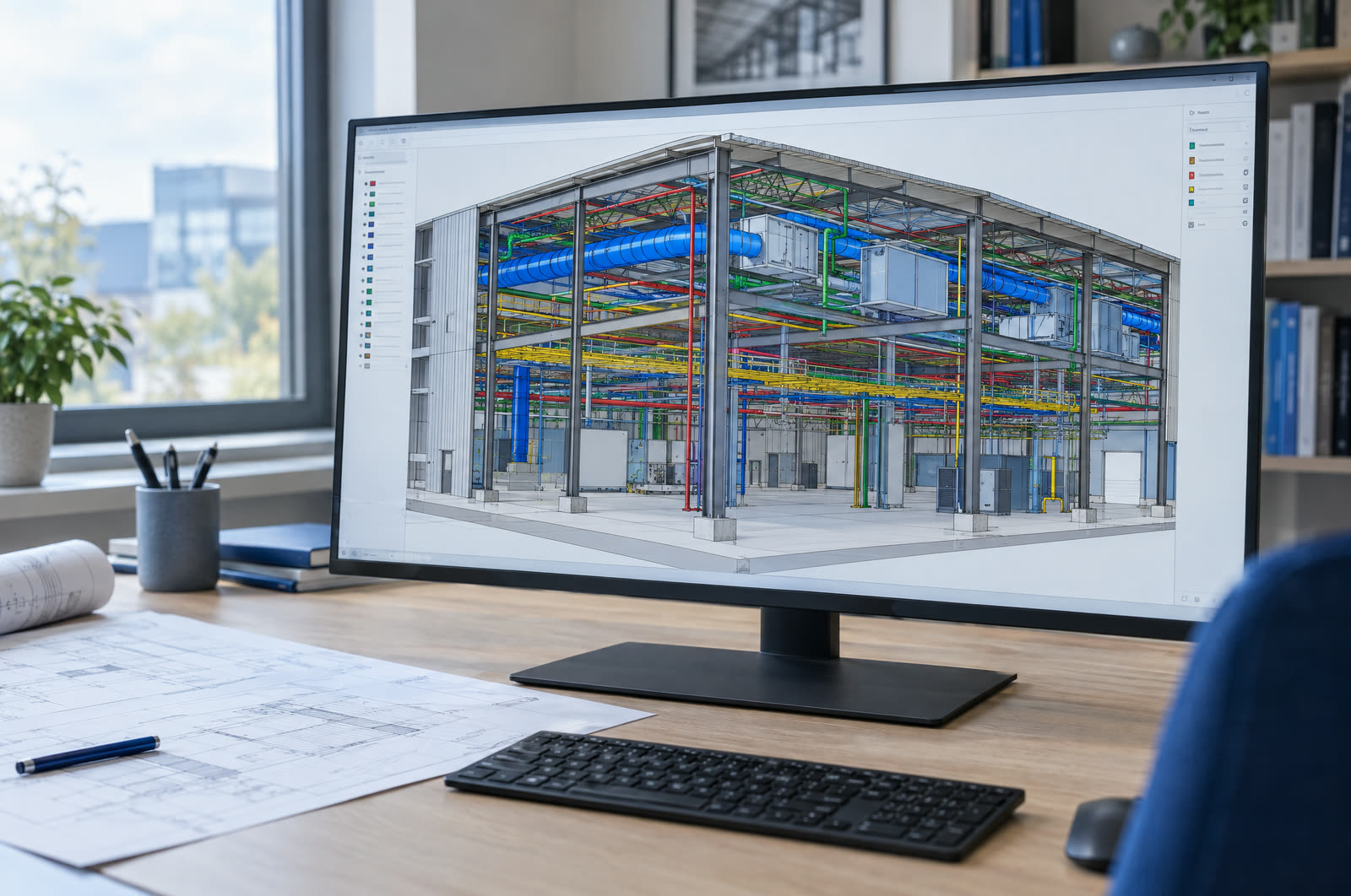 Monitor egy acélcsarnok színes, szakágankénti BIM-modelljével egy tervezőirodában