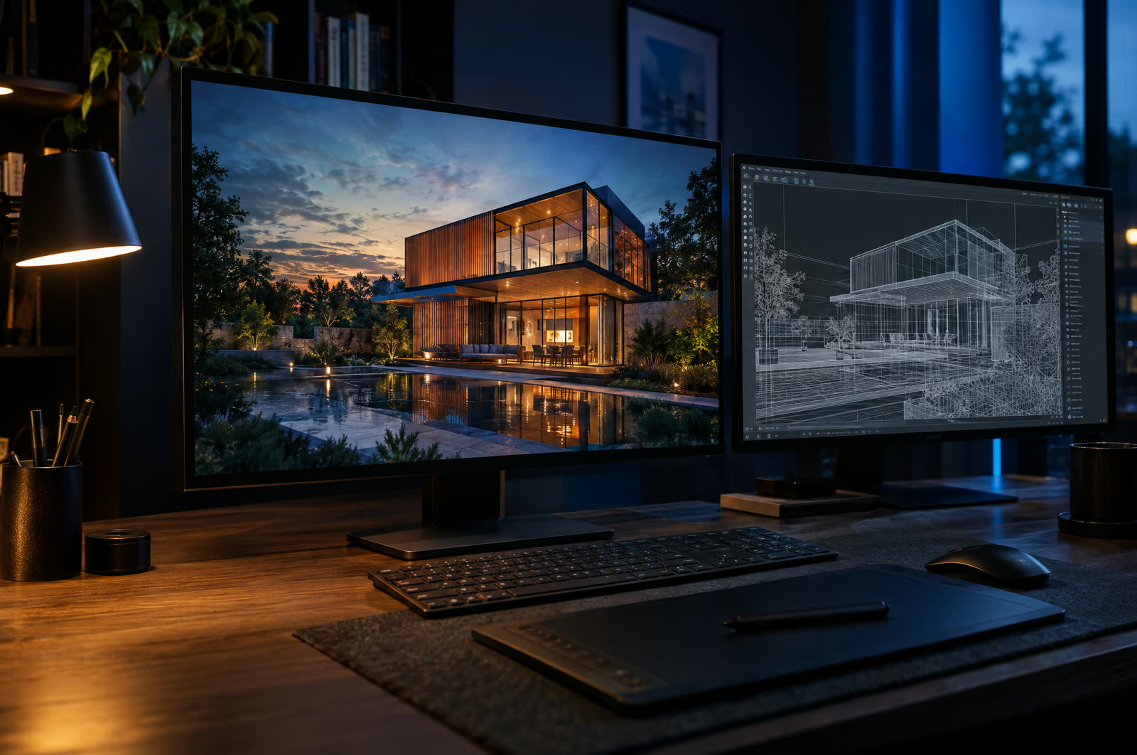 Nagy monitor egy épület fotorealisztikus látványtervével egy sötét stúdióban